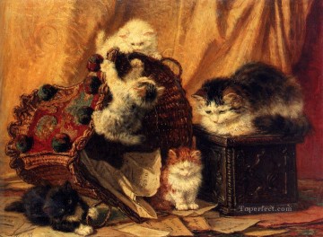 Cat Painting - The Turned Over Waste paper Basket animal cat Henriette Ronner Knip